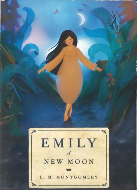 Cover illustration for Emily of New Moon, depicting a girl with dark hair walking outside on the moonlight.