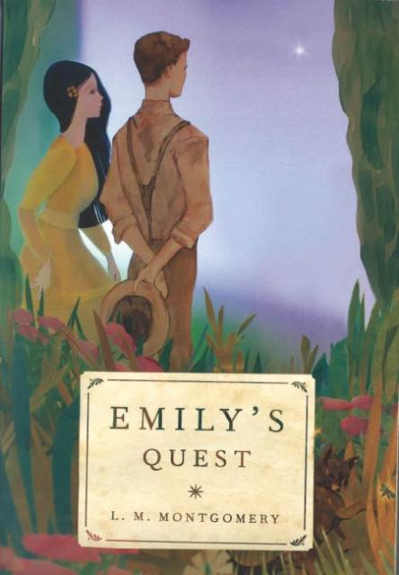 Cover illustration for Emily's Quest depicts a girl with dark hair in a yellow dress next to a boy in suspenders, both standing outside in the tall grass.