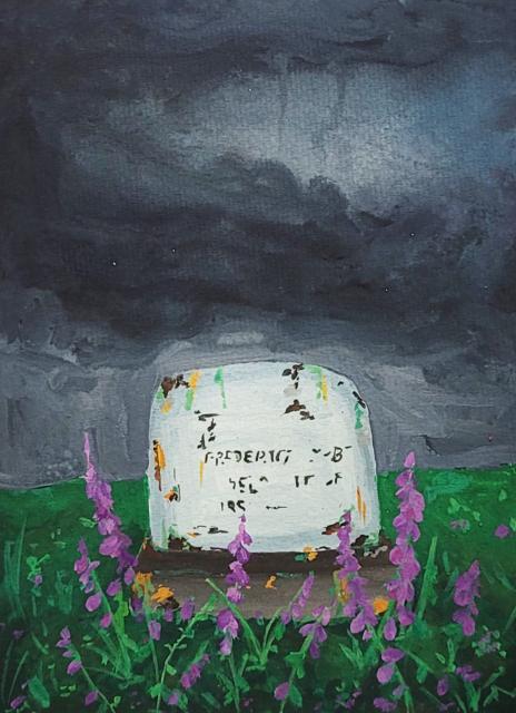 Watercolour painting of a grey gravestone with indistinct markings and surrounded by green grass, purple spiked flowers, and small orange flowers, under a brooding grey sky.