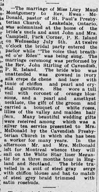 Post-marriage announcement in the Charlottetown Guardian, 8 July 1911, for Montgomery and Ewan Macdonald, describing the bride’s attire and their honeymoon plans.