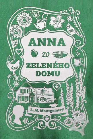 On a green base, small white images of a girl in profile, Green Gables, teacup, teapot, birds, and flowers.