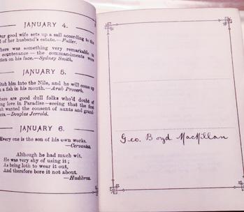 Photograph of MacMillan birthday book. Dates and text on the left and the text “Geo. Boyd MacMillan” on the right.